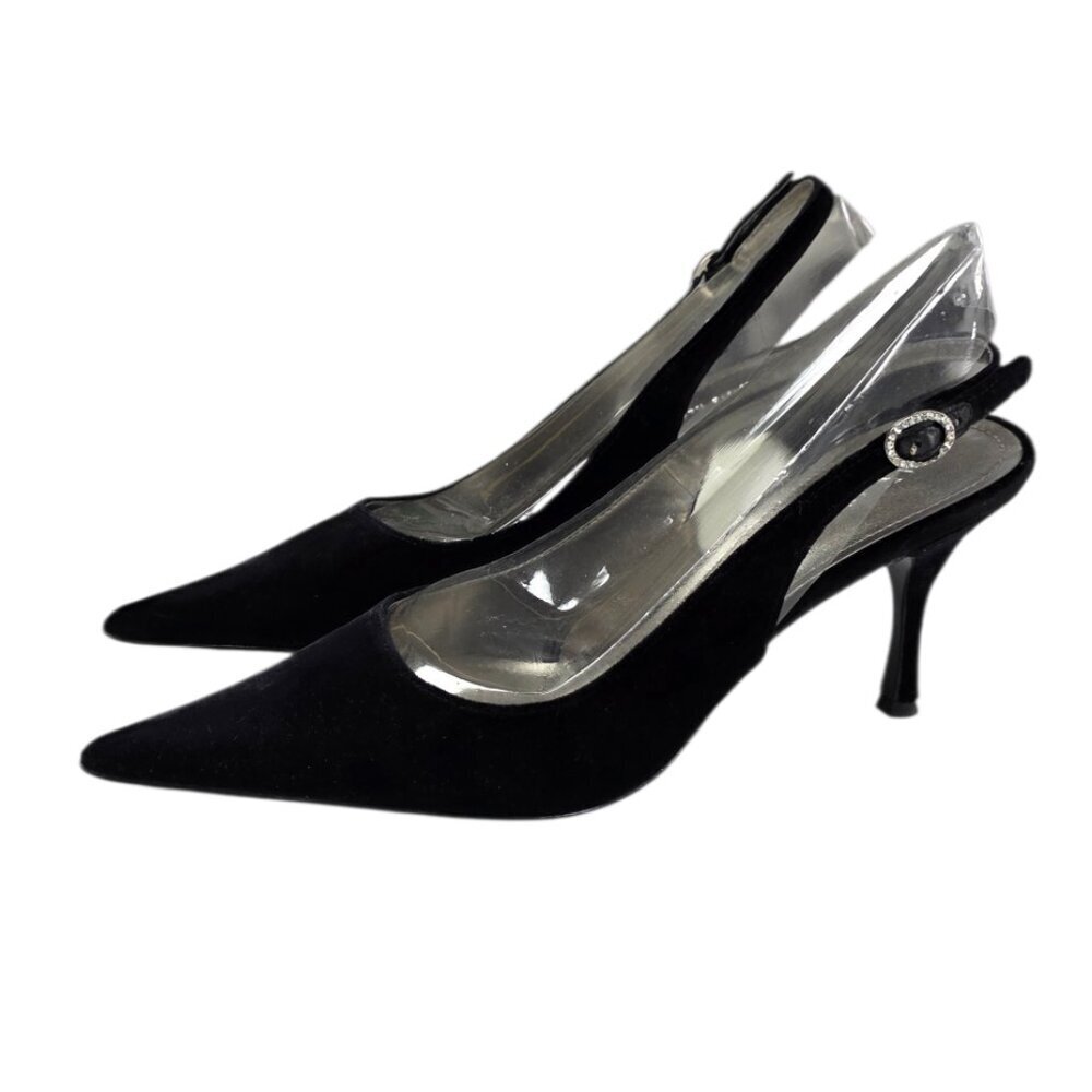 Anne Klein Velvet Slingback Heels, Rhinestone Buckle, Black, Pointed Toe, 10